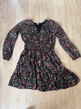 Old Navy Black Floral Smocked Waist Long-Sleeve Dress
